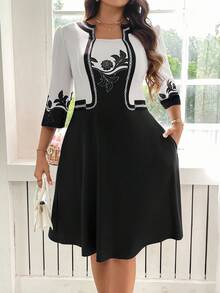 Reflora Plus Size Women Floral Print 3/4 Sleeve 2 In 1 Elegant Dress - Black - View 7