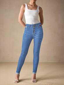 SHEIN Essnce Casual Washed Skinny Fit Denim Jeans - Blue - View 3