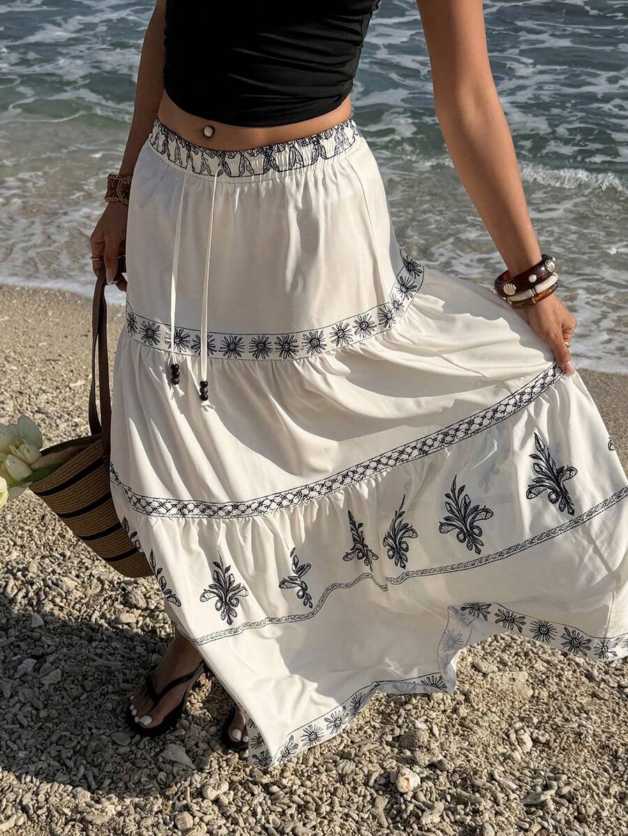 Elyressa Contrast Trim Print Tie-Waist A-Line Vacation Skirt - Multicolor - View 1