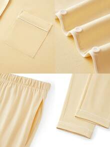 LUVLETTE 夏季女士加大码黄色柔软100%纯棉睡衣套装，女士家居服套装，带口袋长裤，适合曲线身材，大码睡衣 - 黃色 - 查看 4