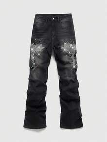 ROMWE MEN Anime Men's Casual Rhinestone Embellished Flared Jeans - Black - View 5