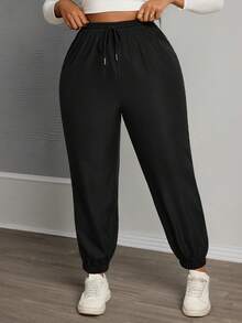 SHEIN Tall CURVE Quần jogger nữ cỡ lớn, màu trơn, cạp chun, kiểu dáng thường ngày. - màu đen - Xem 5
