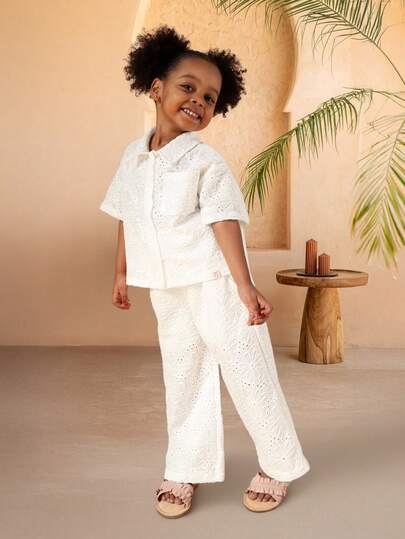  SUMWON Girls White Broderie Anglaise Eyelet Lace Two Piece Co-Ord Set Short Sleeve Collared Button Front Shirt Wide Leg Palazzo Pants Summer Outfit For Valentine's Day Casual Vacation