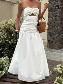 Livesso Vestido camisero blanco calado de primavera y verano, con silueta ajustada y sexy, adecuado para festivales de música, San Valentín, boda, vacaciones de playa casual, vestido midi bandeau de estilo boho para mujer - Blanco - Ver 4