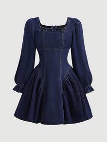 SHEIN Bộ áo liền quần denim màu xanh đậm dành cho bé gái, trang trí nơ 3D. - Rửa tối - Xem 3