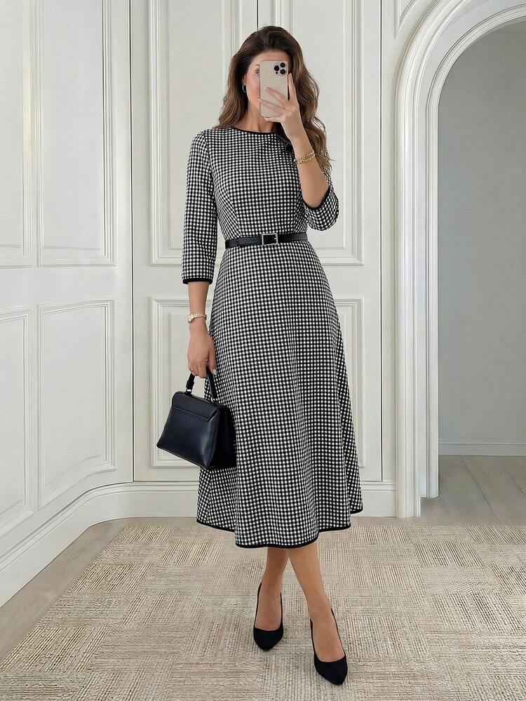 Women's Elegant Plaid Mid-Length Dress For Commuting,Fall Dresses For Women