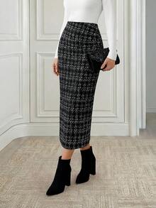 Medorina Women's Contrast Color Elegant Casual Minimalist Daily Wear Skirt Pencil Black And White Checkered Plaid Office Panlakad Business Autumn Teachers' Day - Black - View 6
