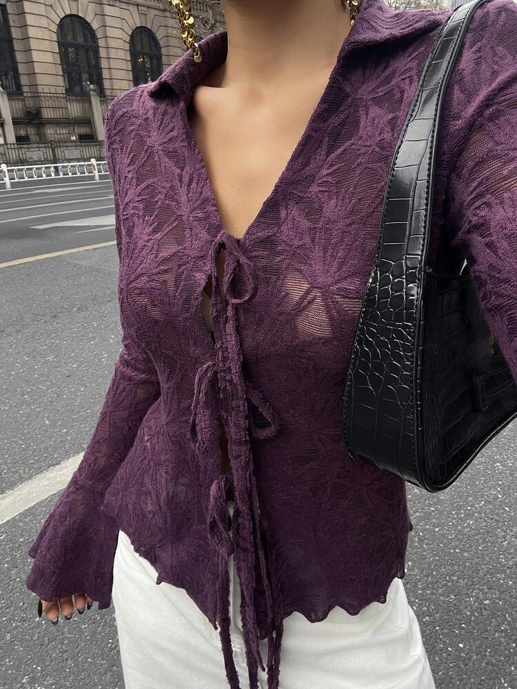 Women's Lace-Up Collar Hollow Out Lace Flare Sleeve Blouse