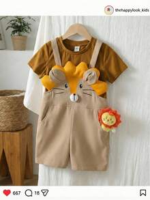 THE HAPPY LOOK Set de 2 piezas con parte superior de manga corta de cuello redondo suave de punto con estampado de león de dibujos animados y pantalones de peto para niño pequeño - Caqui - Ver 6