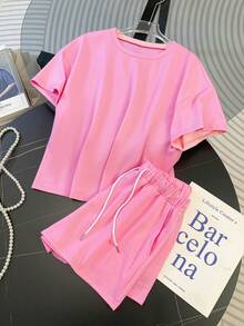Resyla Ensemble 2 pièces T-shirt et short décontracté unicolore pour femmes - Rose bonbon - Voir 5
