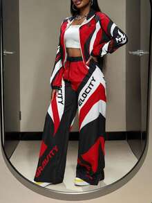 Slaydiva 新款秋冬女装返校套装，休闲商务街头风，复古学院风拉链夹克，短款露脐上衣+直筒裤/阔腿裤，黑黄撞色，复古logo印花，两件套 - 紅色 - 查看 3