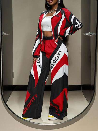 Slaydiva Autumn Women's 2-Piece Set,Black And Red Streetwear Retro College Jacket With Zipper,Short Crop Top & Wide Leg Trousers,City Break Y2k Race Car Outfit
