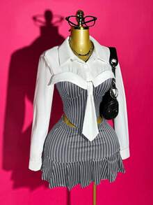 Mistrie Women's Contrast Stripe Lapel Casual Collegiate Long Sleeve Shirt - Grey - View 5