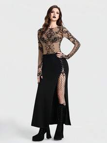 Breakform Áo nữ phong cách Gothic tối màu, phối lưới mềm mại, cổ tròn, tay dài, ôm sát, gợi cảm, thích hợp cho đi chơi hàng ngày và các lễ hội. - Màu be - Xem 6