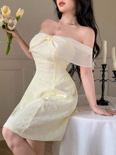 Modelyn 女士露肩提花优雅收腰短连衣裙，适合派对和聚会