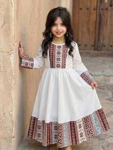SHEIN Tween Girl Spring & Summer Casual Vacation Retro Stripes & Geometric Retro Print Patchwork Flare Sleeve Ruched Hem Long Dress - Burgundy - View 8