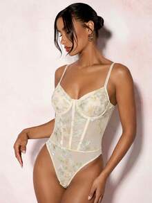 SHEIN Glamour 女士无袖连体衣，细肩带鱼骨缝线设计，修身时尚 - 淡黃色 - 查看 3