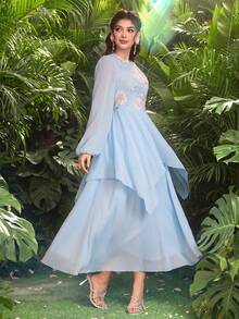 Modelyn Elegantes romantisches besticktes Chiffonkleid mit ausgestelltem Rock für Frauen, apricotfarben - Blau - Übersicht 4