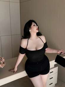 Vibekara 大码女式纯色修身露背性感短袖上衣 - 黑色 - 查看 4
