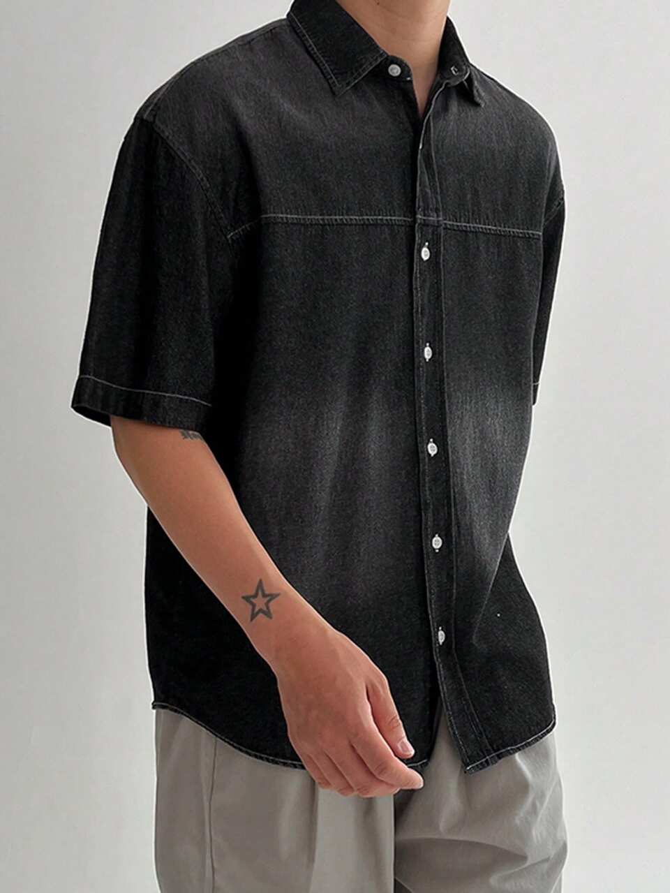 Men's Distressed Denim Short Sleeve Shirt, Summer