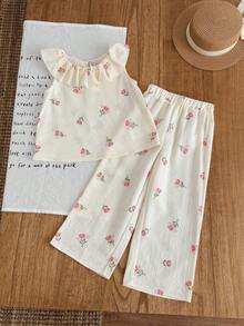 Emery Rose Kids Emery Rose Kids Conjunto de 2 piezas con top con volantes y estampado floral pequeño, y pantalones de ajuste holgado para niña joven - Caqui - Ver 6