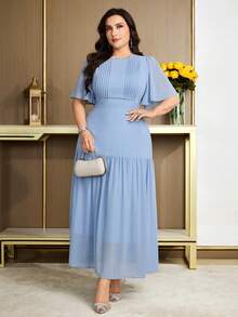 Modelyn Vestido elegante de manga corta con volantes y decoración de strass para tallas grandes - Azul - Ver 3