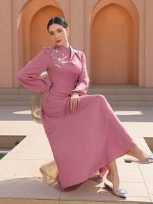 Graceveil Elegant Stand Collar Cinched Waist Flared Long Sleeve Applique Dress For Women - Pink - View 3