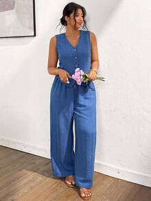 Lounesse 大码夏季休闲纯色背心和裤子两件套 - 藍色 - 查看 6