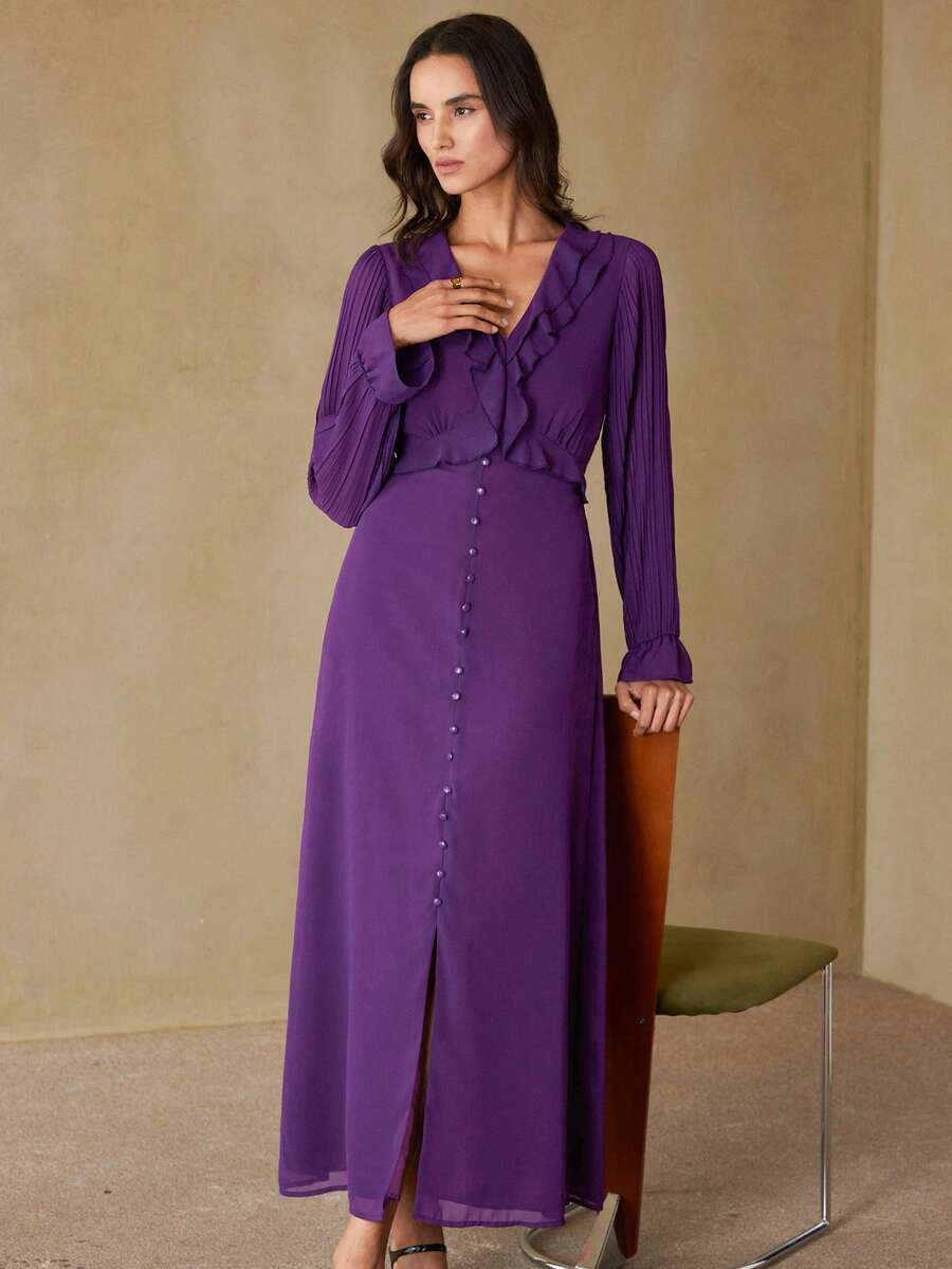 Aveloria Rosie 优雅V领荷叶边收腰紫色长袖连衣裙 - 紫色 - 查看 1