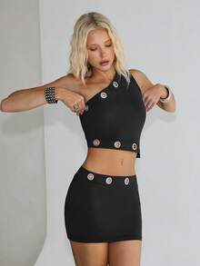 TRNVIE Conjunto de top sin mangas ajustado con hombro asimétrico y dobladillo asimétrico + minifalda ajustada de cintura baja, conjunto de ropa de vacaciones de primavera/verano para mujer, conjunto de dos piezas, ropa de verano para mujer, conjunto de dos piezas para mujer, conjunto de vacaciones para mujer - Negro - Ver 5