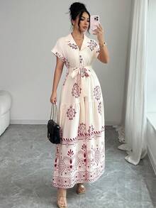 Elenzga 女士优雅长款梭织印花连衣裙 - 杏色 - 查看 5