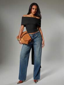 Hauture Women's Simple Daily Going Out Off Shoulder Knit With Tie Back Brushed Jersey Top - Black - View 3