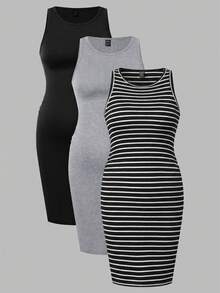 Modmama Maternity Solid Color + Striped Print Fitted Sleeveless Dress - Black - View 17