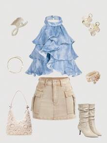 SHEIN MOD Áo hai dây cổ bèo nhún nhuộm màu thanh lịch dành cho nữ mùa hè - Màu xanh lam - Xem 8