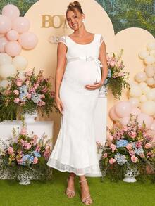 Loomaby White Summer Elegant Silky Baby Shower Maternity Dress,Lace Mermaid Gender Reveal Formal Party Gown,Wedding Guest Dress For Pregnant Women Outfit - White - View 9