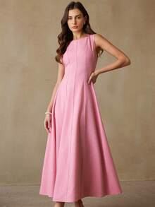 Revavyn 优雅法式简约时尚收腰喇叭下摆无袖长连衣裙，女士款 - 粉色 - 查看 4