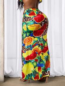BamGleam Tropical Fruit & Leopard Print Twist Knot High Waist Skirt, Slit Bodycon Fit Vacation Chic Skirt, Spring/Summer New Niche High-End - Multicolor - View 2
