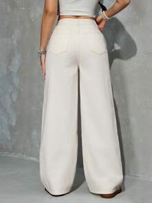 INAWLY Women's Pocket Button Casual Versatile Daily Wear Wide Leg Jeans - Apricot - View 2