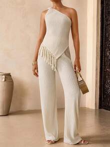 Vesra Women's Asymmetric One-Shoulder Sleeveless Tassel Top And Long Pants Knit 2 Pieces Set - Apricot - View 3