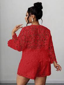 Maweii Valentine Plus Size Elegant Solid Color Lace Shorts, Summer - Red - View 4