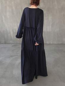 FRIFUL Women's V-Neck Loose Ruffled Hem Casual Dress Maxi Dress Sundress - Navy Blue - View 4