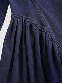 SHEIN Bộ áo liền quần denim màu xanh đậm dành cho bé gái, trang trí nơ 3D. - Rửa tối - Xem 5