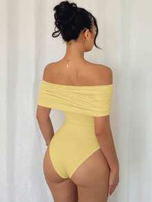 Rafferiza Women's Elegant Off Shoulder Ruched Hem Bodysuit,Slim Fit Pale Yellow,Summer,Seksi Chic,Night Out Cute Tops - Light Yellow - View 2