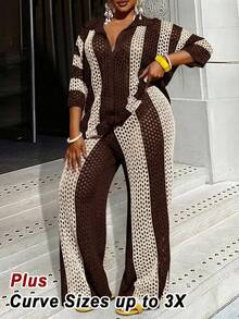 Slaydiva Nuevo conjunto de 2 piezas de primavera/verano, estilo minimalista casual: Cárdigan de manga larga con cuello hueco + pantalones de pierna ancha en azul-verde de punto. Conjunto de 2 piezas para trabajar desde casa, de lana, de punto. - Marrón - Ver 5