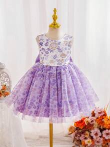 SHEIN Glamorique Kids Glamorique 青少女派對 & 花童婚禮禮服，短袖 V 背蝴蝶結花卉甜美優雅蓬蓬公主長裙 復活節 - 淡紫色 - 查看 2