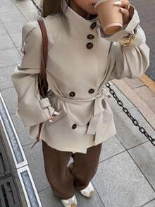 Elyressa Women's High Collar Raglan Sleeve Double-Breasted Fashionable Versatile Minimalist Trench Coat - Khaki - View 5