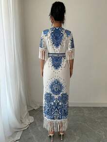 Rafferiza Đầm dài in họa tiết cổ tròn xẻ tà bên hông dành cho nữ - Màu xanh lam - Xem 2