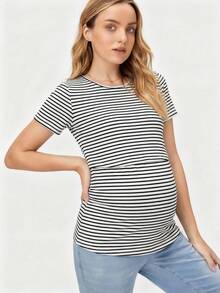 SHEIN 夏季孕婦基礎款黑白條紋哺乳上衣，休閒條紋短袖圓領棉質T恤上衣 - 白色 - 查看 5
