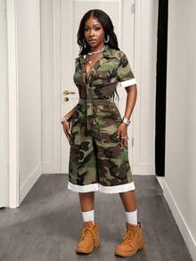 BamGleam Jumpsuit Denim Modis Motif Kamuflase dengan Korset di Pinggang, Cocok untuk Dipakai Sehari-hari - Hijau Tentara - View 3