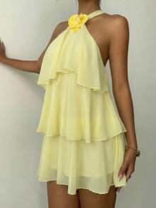 Aloruh 3D Floral Decor Multi-Tier Ruffle Hem Cake Dress ,Summer Dress - Yellow - View 3